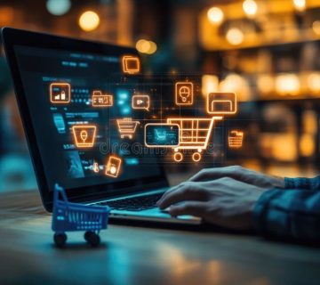 Digital marketplace experience  online shopping virtual orders mobile app laptop comm 360x320