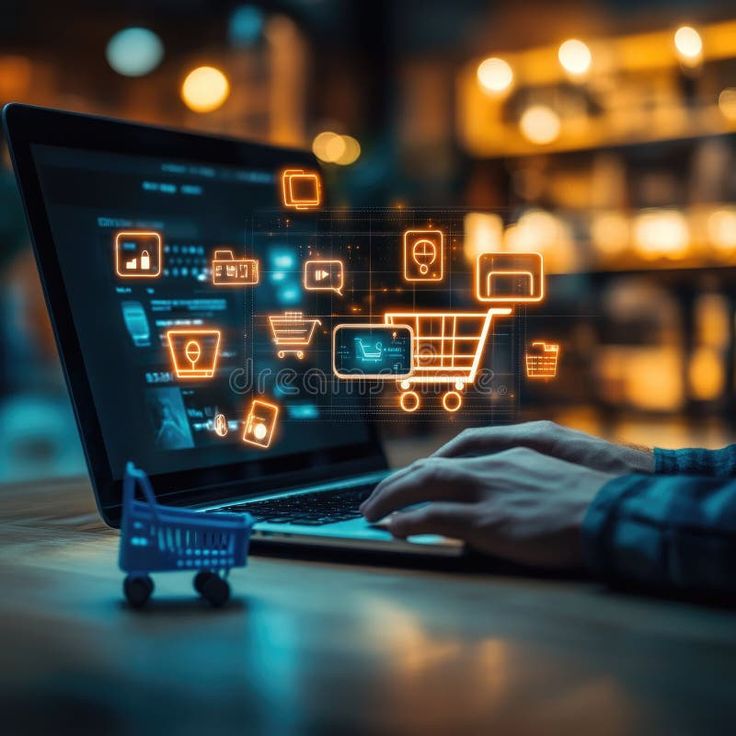 Digital marketplace experience  online shopping virtual orders mobile app laptop comm