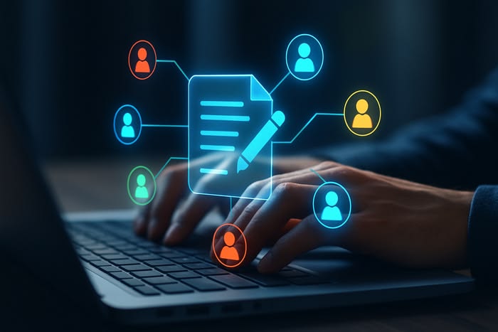 Digital Document Management And Collaboration Concept With Glowing Icons Over Laptop Backgrounds   JPG Free Download Pikbest